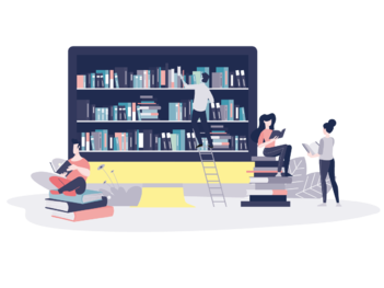 Grafikus ábrázolás egy szoba könyvespolccal ülőhelyekkel és 4 olvasó és könyvet kereső emberrel 