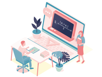 Online digitális oktatás grafikus sematikus ábrázolása egy laptopon rajzolt tanár és asztalnál ülő diák