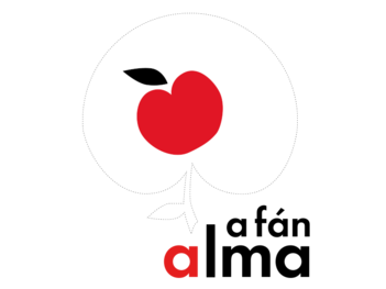 Alma a fán logó Sematikus almafa ábrázolás mint egy fordított alma és benne egy piros alma felirattal